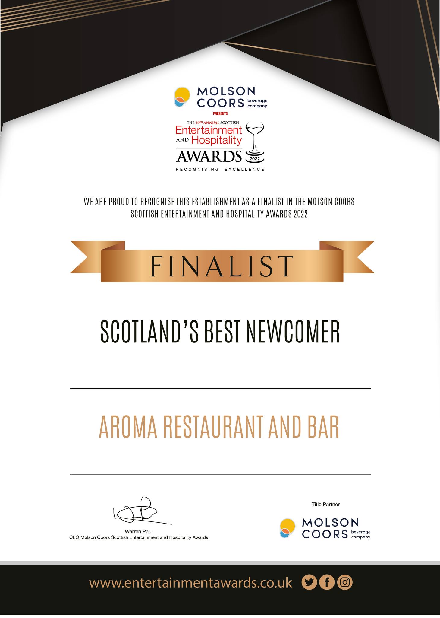 Aroma Bar & Restaurant Awards in Broxburn 