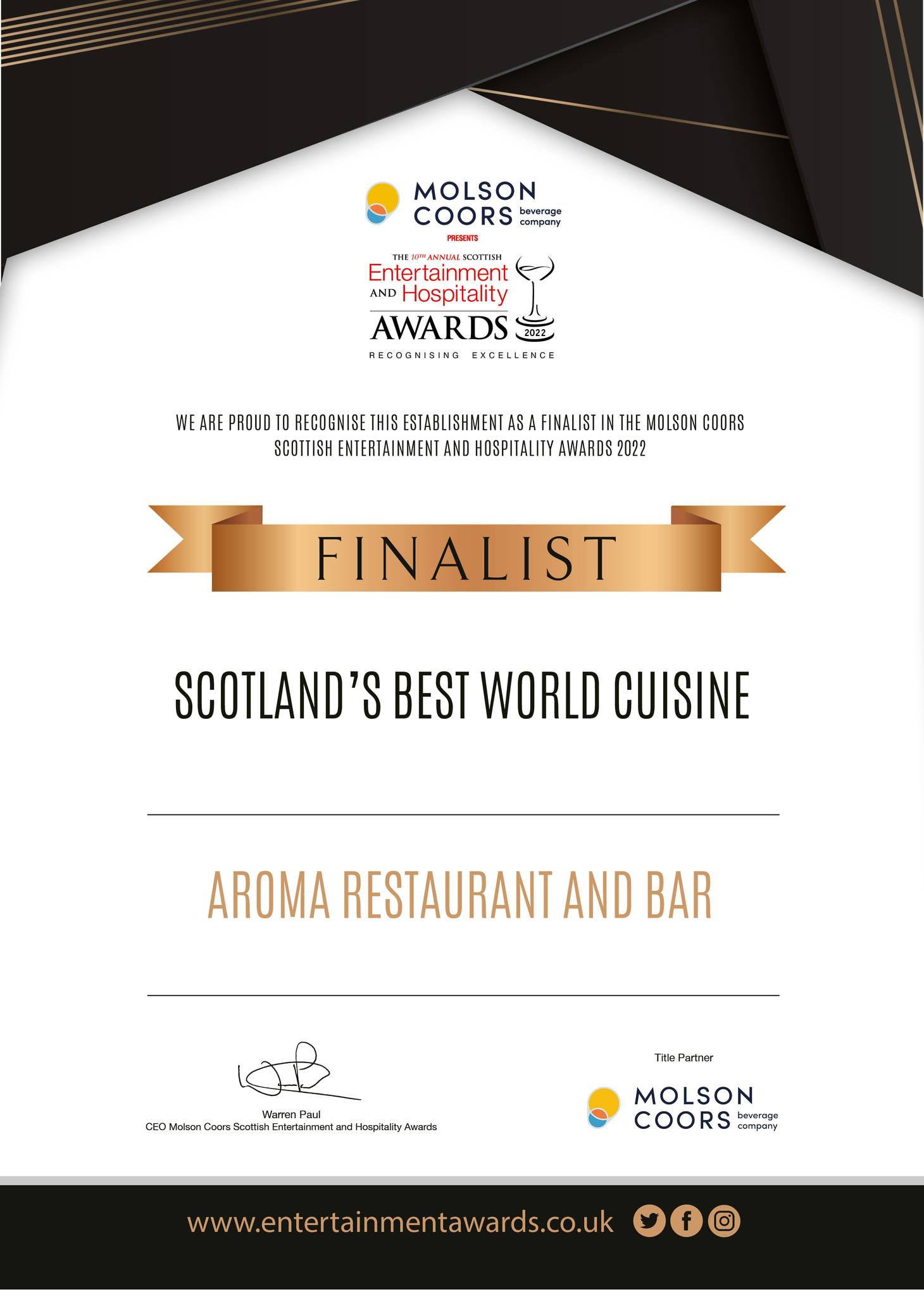 Aroma Bar & Restaurant Awards in Broxburn 